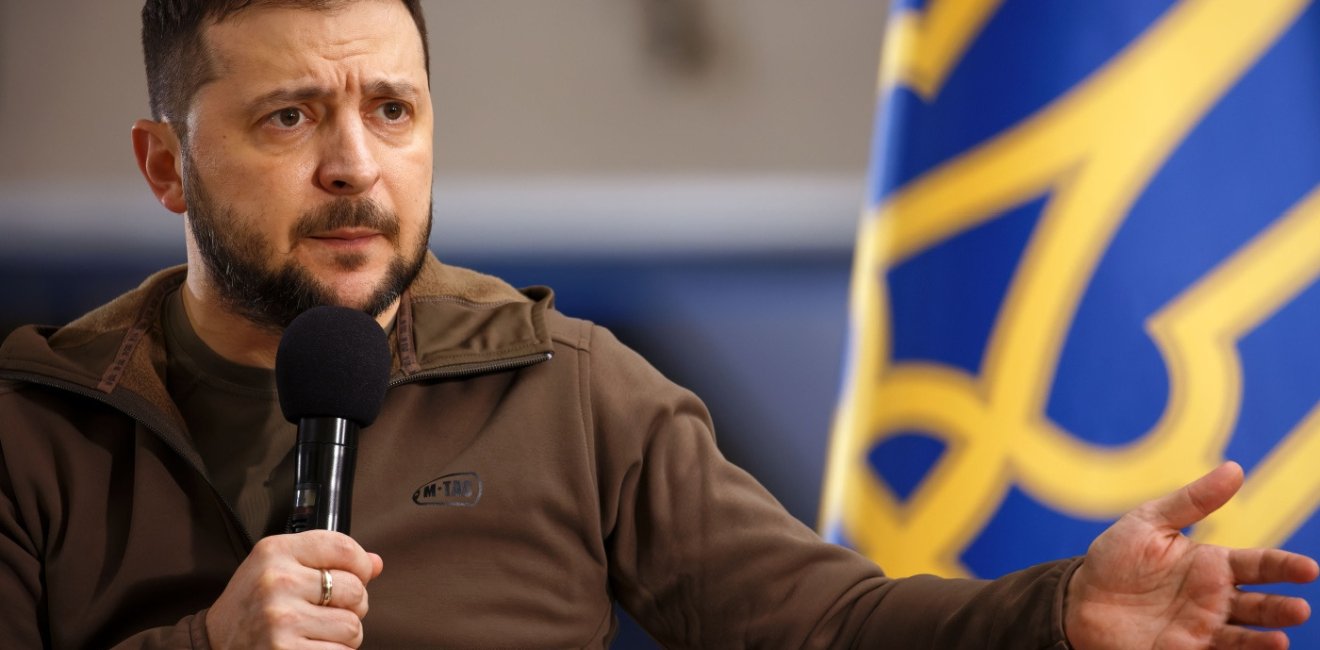 Press conference of Volodymyr Zelenskyy the President of Ukraine during Russian Ukrainian war at Kyiv Metro station to protect against air strikes. Kyiv, Ukraine