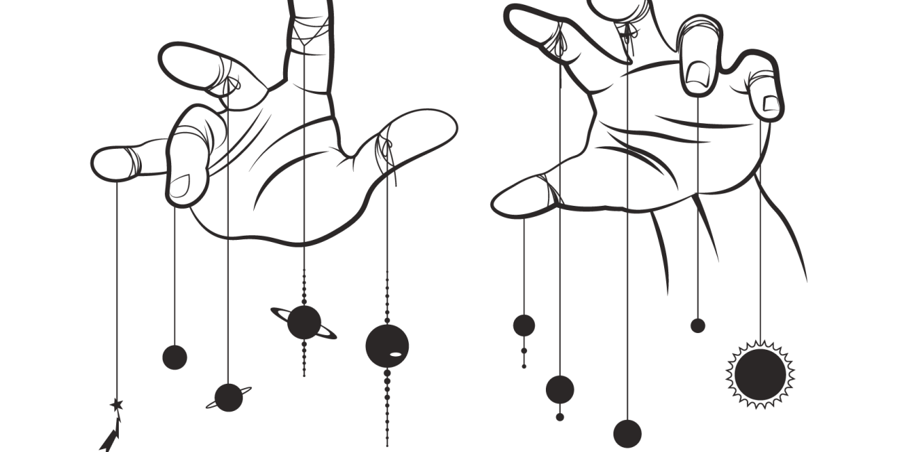 Hands With Puppet Strings Holding planets