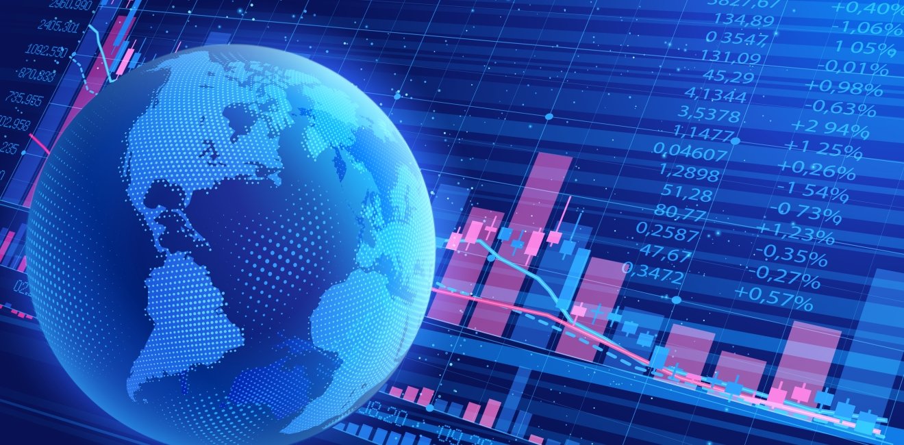 Planet Earth on the background of a scoreboard with indicators of trade indices on the stock exchanges.