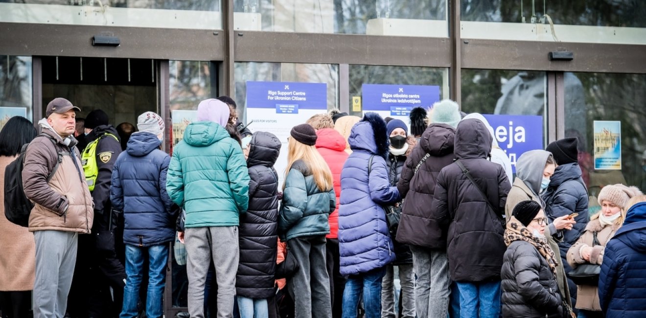 Ukrainian refugees that fleeing from the war in Ukraine gather at a refugee reception center in Riga, Latvia