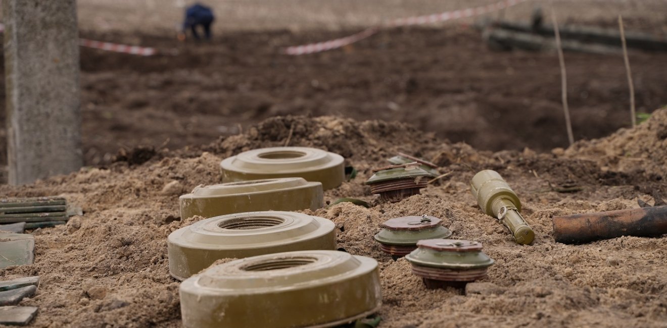 Demining by troops of the territory. Many mines, shells, artillery, grenades, fragmentation grenades