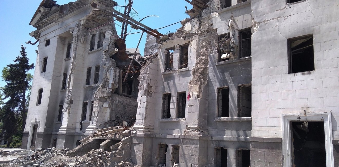 Mariupol - June 1, 2022: the building of the Drama Theater, destroyed during the war in March 2022.