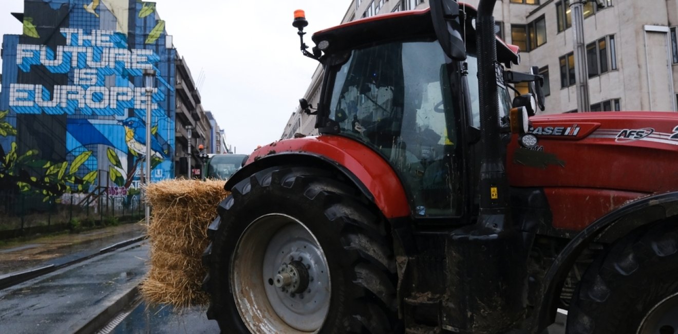 Farmers use tractors during a protest of European farmers over price pressures, taxes and green regulation, on the day of an EU Agriculture Ministers meeting in Brussels, Belgium, February 26, 2024.