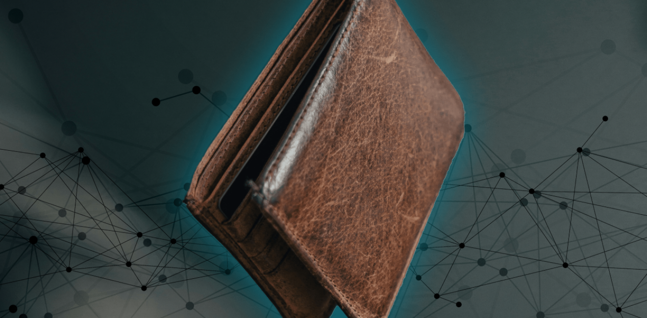 An image of a brown leather wallet suspended in air with a blue glow