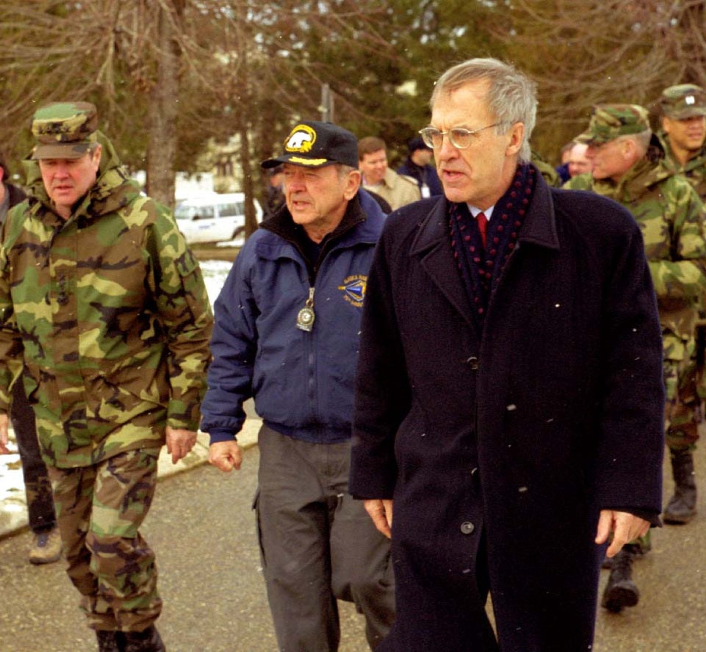 Head of the OSCE Mission in Kosovo Ambassador Daan Everts (right) accompanies General Joseph W. Ralston, NATO Supreme Allied Commander Europe (left), and Senator Ted Stevens of Alaska during a visit to the OSCE-run Kosovo Police Service School.