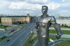 July 22, 2019: aerial view of Yuri Gagarin monument on Gagarin Square on a sunny summer day