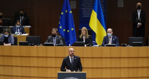 European Council President Charles Michel delivers a speech during a special plenary session of the EU Parliament focused on the Russian invasion of Ukraine in Brussels, Belgium on March 01, 2022.