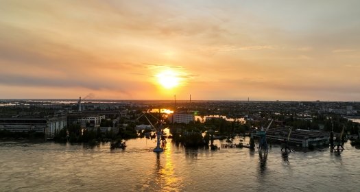 Flooded port infrastructure of the city of Kherson