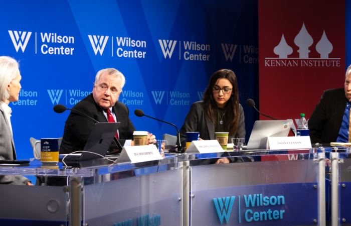 Event panelists from left to right: Jill Dougherty, Amb. John Sullivan, Olena Lennon, and William Pomeranz