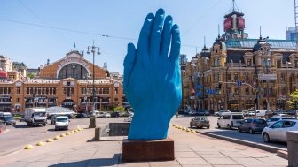 middle way hand statue in Kyiv, Ukraine