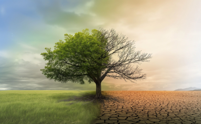 A tree split in half with one half in lush green and one half in dry wasteland