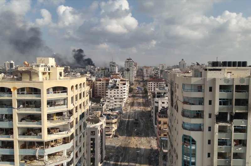 Rimal neighborhood buildings destroyed in north gaza, drone Aerial view over North Gaza in the war with Israel