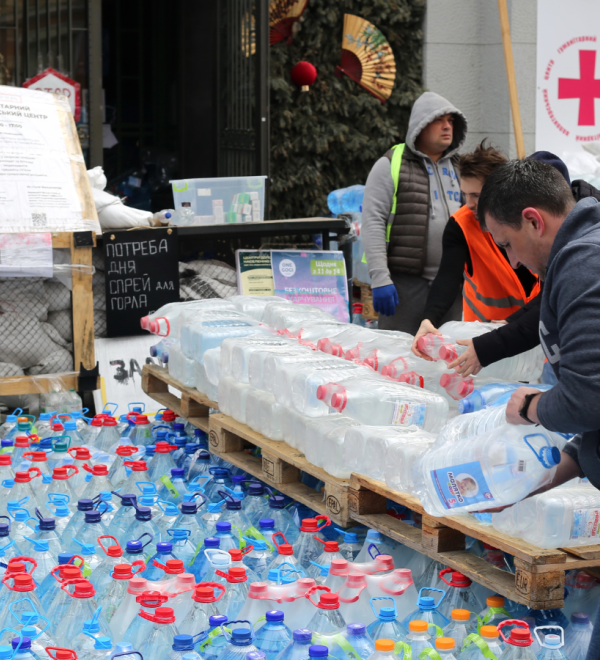 Humanitarian workers distribute drinking water in Odessa, Ukraine.