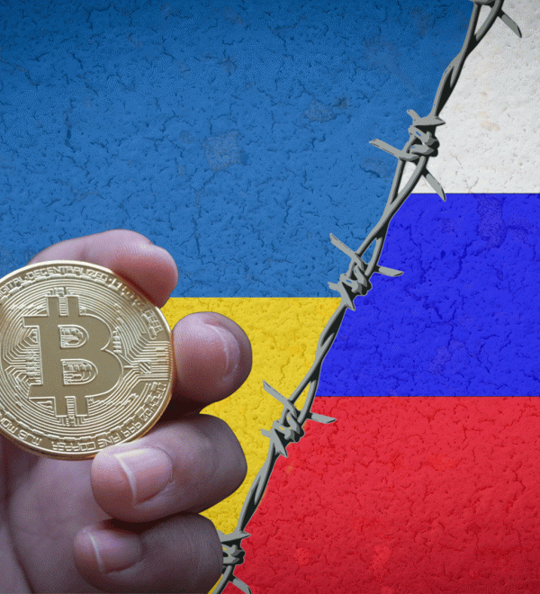 Russian and Ukrainian flags and Bitcoin