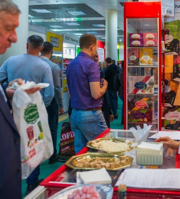Vendor stalls at the 30th International Exhibition for Food, Beverages, and Food Raw Materials in Moscow, Russia