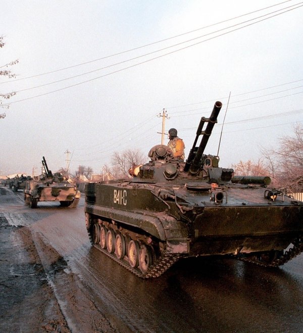  A column of Russian army armor makes its way south from a Russian army base towards the front lines of Chechnya on January 12, 2000 in Mozdok, Russia