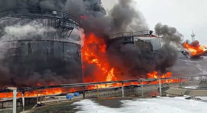  Russian oil tanks on fire from Ukraine Attack 