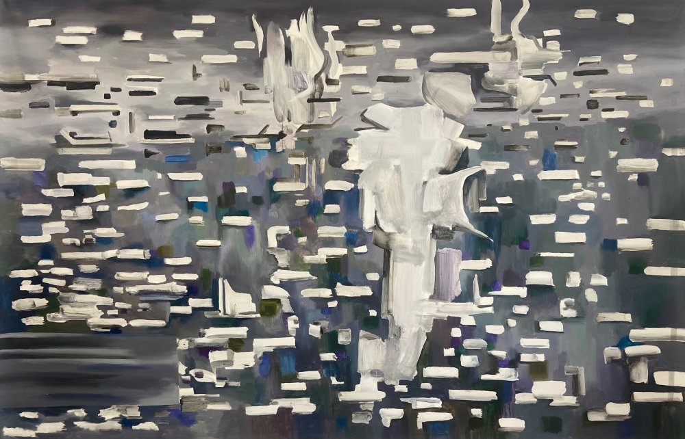 Lesia Khomenko, I’m a Bullet, 2024, acrylic on canvas, 48 x 96 inches. 