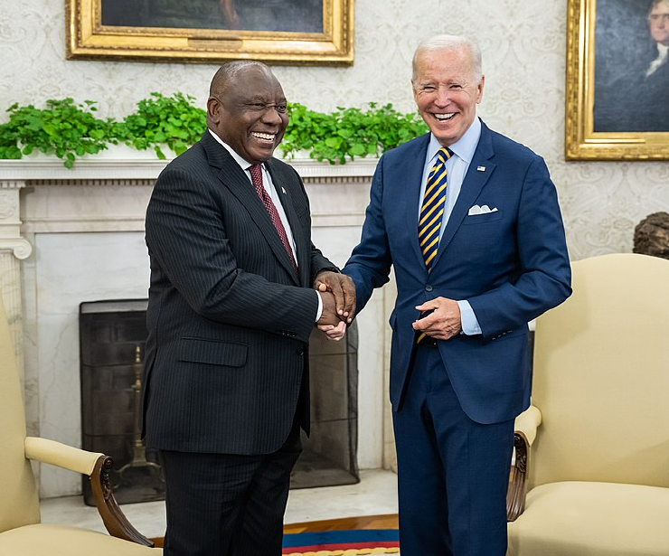 President Joe Biden and South African President Cyril Ramaphosa shake hands in the Oval Office