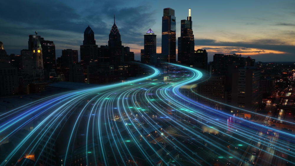 Band lights over cityscape