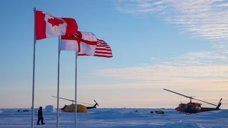 Canadian Flag and Helicopter in the Arctic
