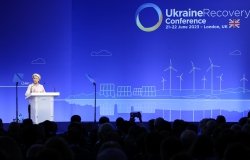 European Commission President Ursula von der Leyen announcing the Ukraine Facility at the Ukraine Recovery Conference in London, UK on June 21, 2023.