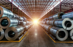 Rolls of steel sheets line a factory with a sunburst at the end