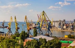Cargo, cranes, and containers in Odessa port, Ukraine