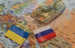 Russian and Ukraine Flags over Map